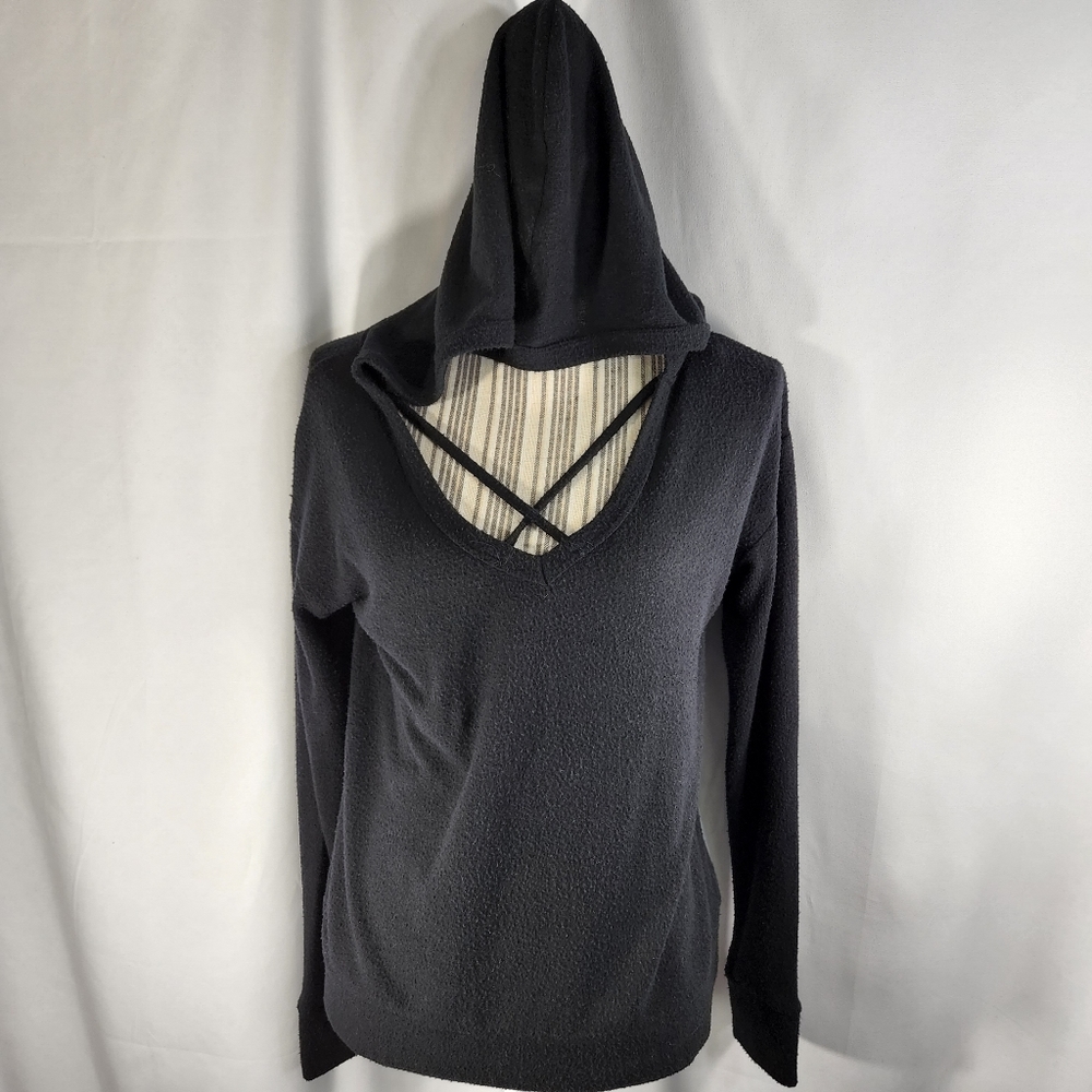 Derek Heart Black Hooded Criss Cross Chest Long Sleeve Top Size Small